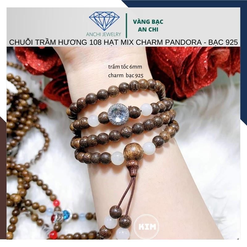 Vòng tay trầm hương charm bạc pandora đính đá trắng / xanh / đỏ / vàng / tím - Anchi jewelry