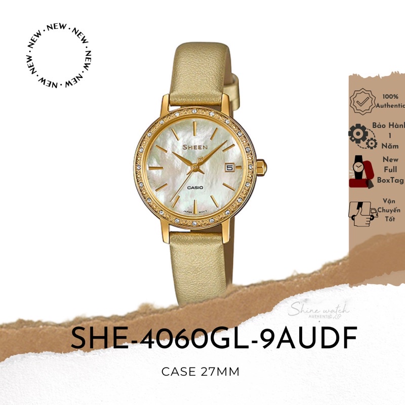 Đồng Hồ Nữ Casio Sheen SHE-4060GL-9AUDF Dây Da Màu Vàng Mặt Số Khảm Xà Cừ