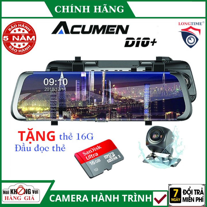 Camera hành trình dạng gương chiếu hậu Acumen D10+ , tặng thẻ nhớ 16gb và đầu đọc thẻ , Ghi hình trước &amp; sau Full HD