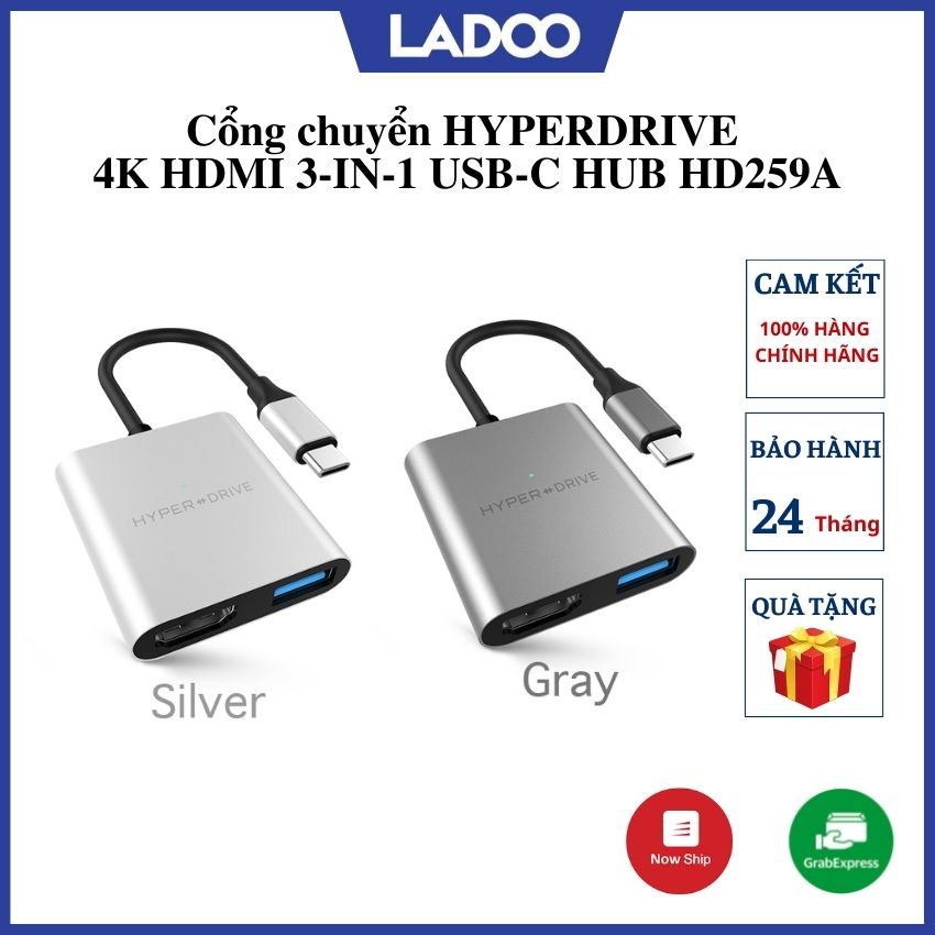 Cổng chuyển HYPERDRIVE 4K HDMI 3-IN-1 USB-C HUB FOR MACBOOK, SURFACE, PC &amp; DEVICES HD259A