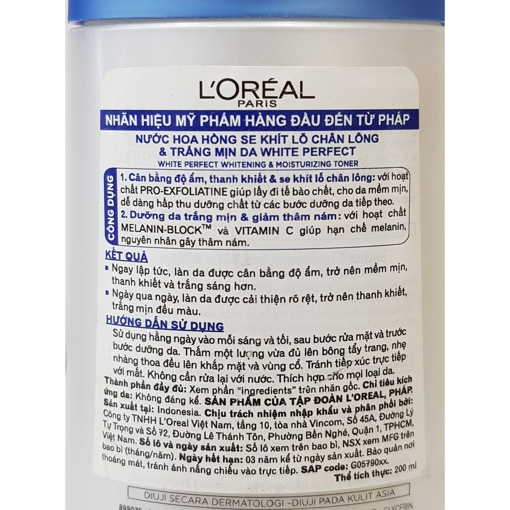 Nước Hoa Hồng LOREAL Trắng Mịn Se Khít Lỗ Chân Lông 200ml Indonesia