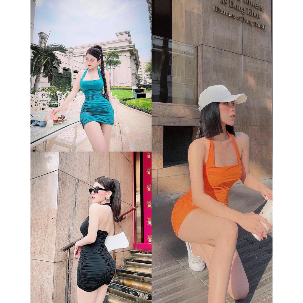 váy đầm nữ dáng ôm body rúm sườn dây cổ sang chảnh Annastore có feedback khách mua hàng