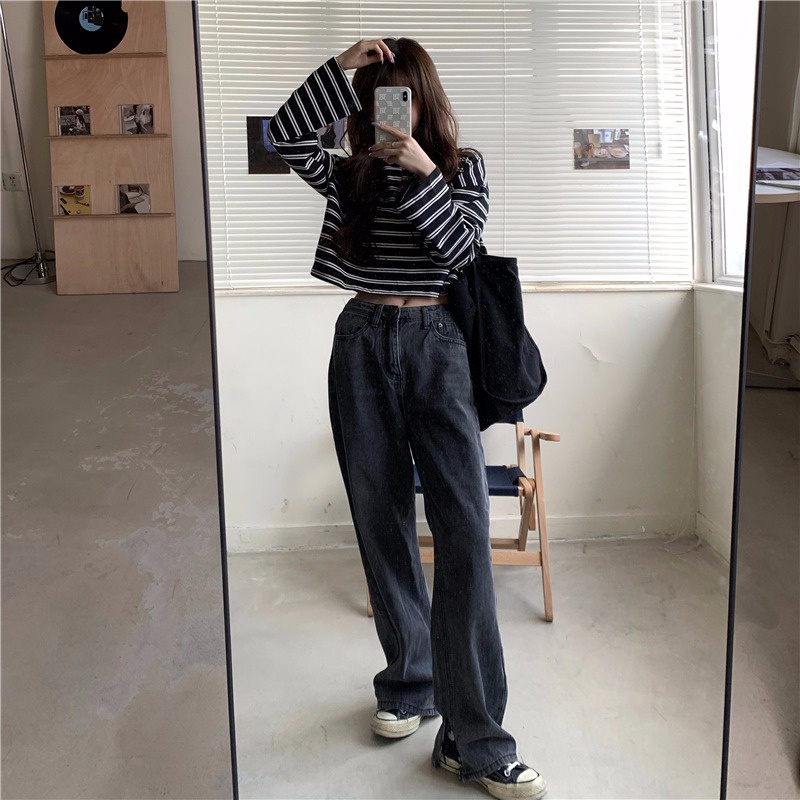 SUXI Áo polo Tay Dài Họa Tiết Kẻ Sọc Phong Cách Hàn Quốc Cổ Điển Thời Trang Cho Nữ