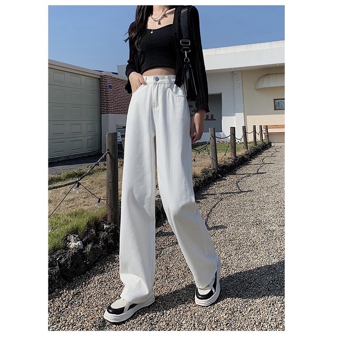 Quần jeans ống rộng nữ 2 màu đen - trắng cạp cao neih.studio