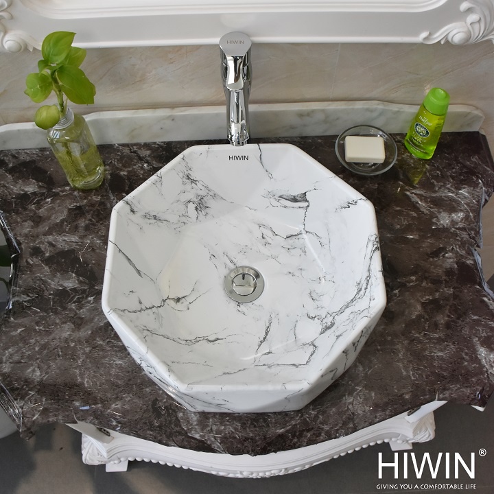 Chậu rửa mặt lavabo sứ đặt bàn nghệ thuật màu trắng vân đá HIWIN LP-A521