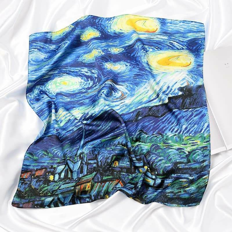 Khăn lụa họa tiết tranh sơn dầu Van Gogh 🎁 Tặng kèm khuy cài khăn