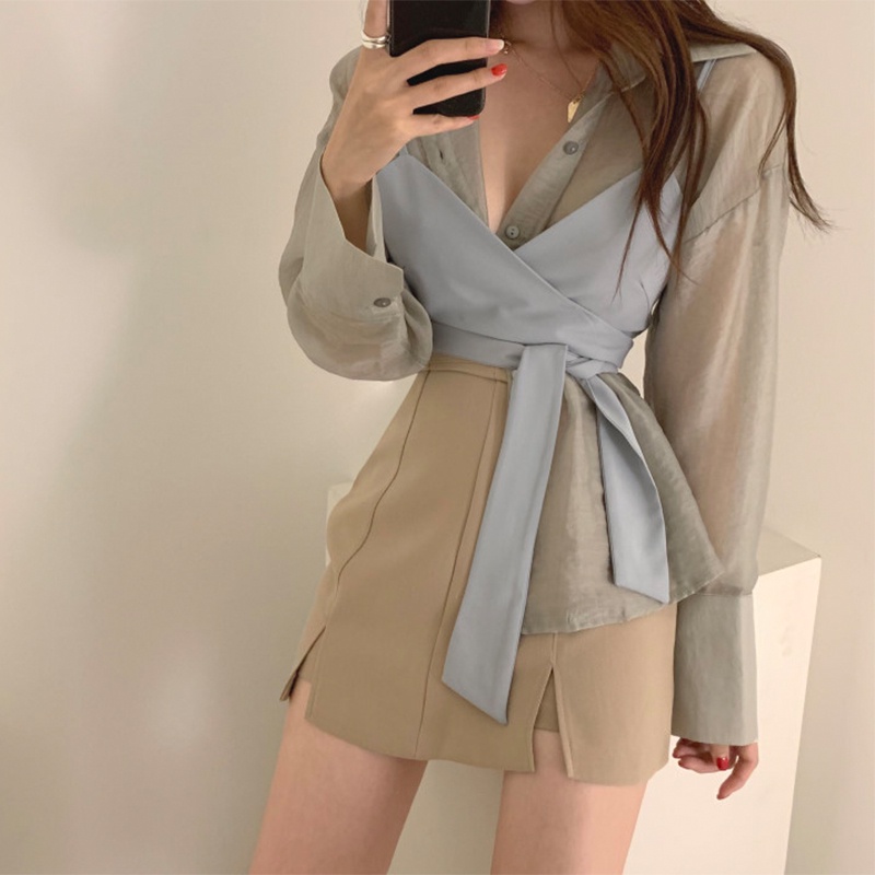 Set áo quây ngực + áo sơ mi tay dài + chân váy chữ A lưng cao thời trang nữ