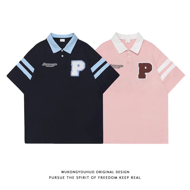 Áo Thun POLO Tay Ngắn Dáng Rộng Thêu Chữ Phong Cách Học Sinh Nhật Bản Dễ Phối Đồ Thời Trang Mùa Hè Cho Nam Nữ Size M-2xl