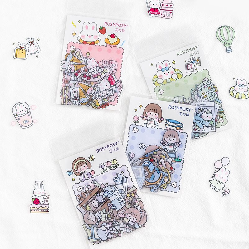 Set 40 miếng sticker hình dán cô gái, thỏ cute