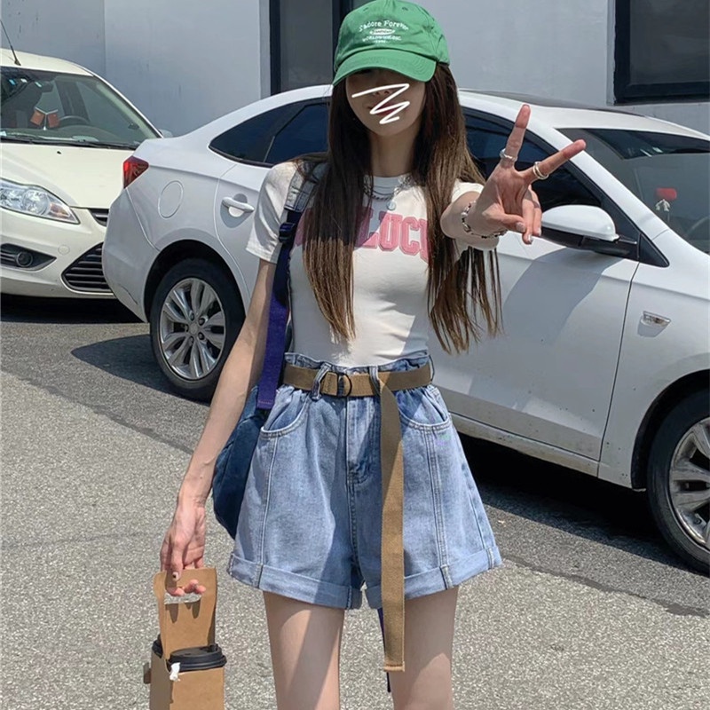 Quần Short Denim Lưng Cao Ống Rộng Phối Thắt Lưng Cá Tính Thời Trang Dành Cho Mùa Hè