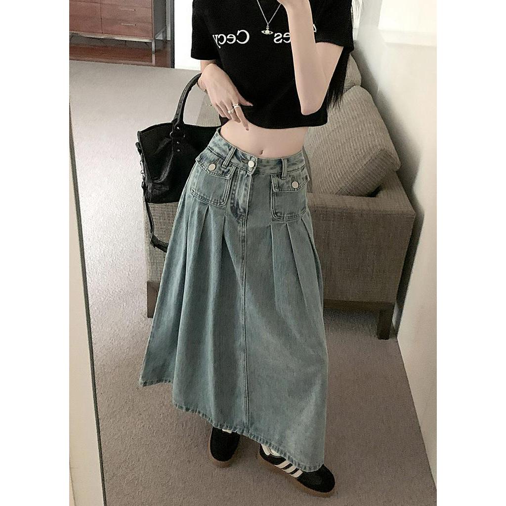 Chân Váy Denim Dài Dáng Chữ A Xếp Ly Lưng Cao Thời Trang Mùa Hè 62894