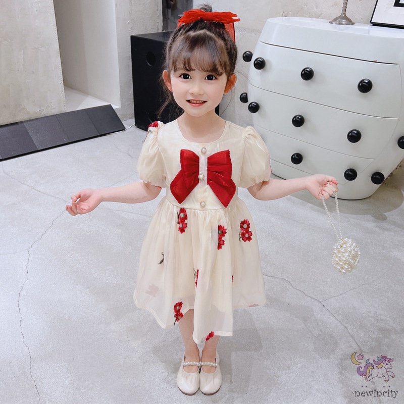 Đầm Công Chúa Tay Phồng Ngắn Phối Lưới Thắt Nơ Phong Cách Hàn Quốc Cho Bé Gái