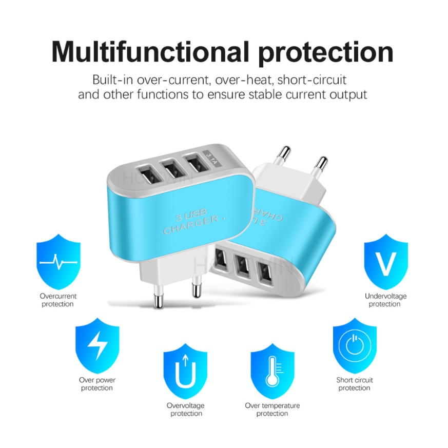 Củ Sạc Điện Thoại Di Động AR006 3USB LED 2A Tiêu Chuẩn Châu Âu Đốc Sạc Thông Minh An Toàn Cho Mọi Thiết Bị - BENTEX