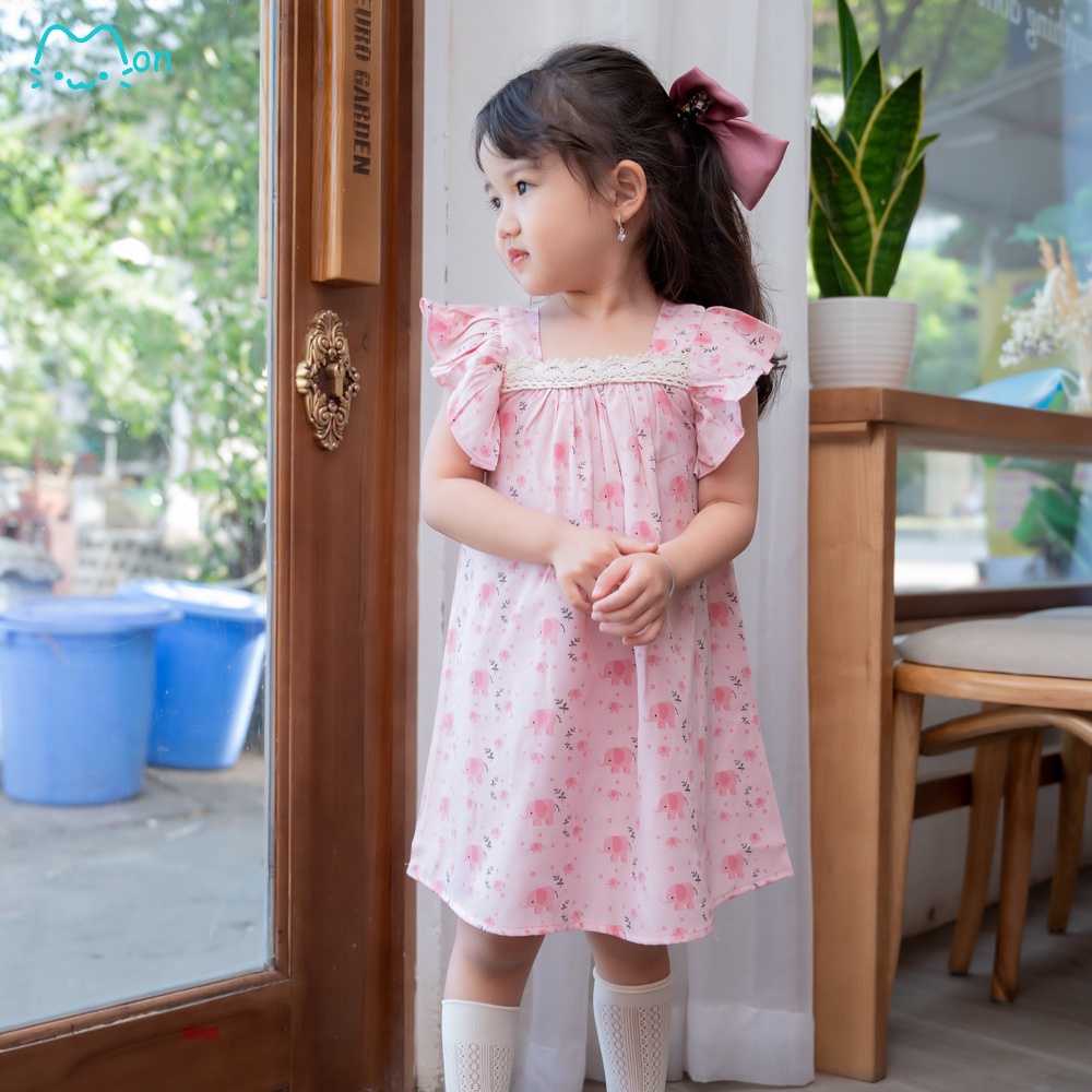 Đầm cho bé gái 1-6 tuổi MonBabies VL15 chất đũi tằm cổ vuông tay áo cánh tiên họa tiết voi con màu hồng xinh xắn