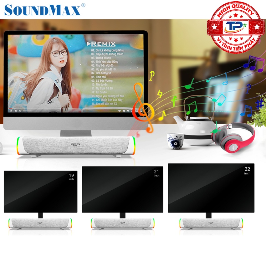 Loa vi tính Bluetooth Soundmax SoundBar SB201 / SB-201 Led đa sắc màu Sang Trọng dùng cho TV, PC, LAPTOP, ĐT... cực đỉnh