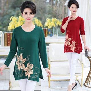 Áo thun nữ trung niên dáng dài phối họa tiết sang trọng NP402