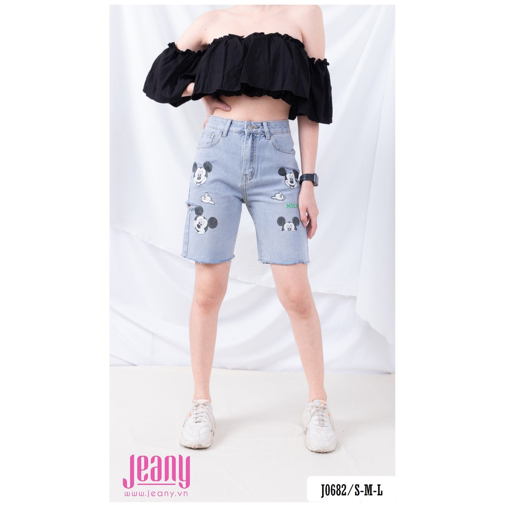 Quần Jean Ngố Nữ Màu Sáng HÌnh Chuột Mickey Rách Bên Hông J0682 - Jeany