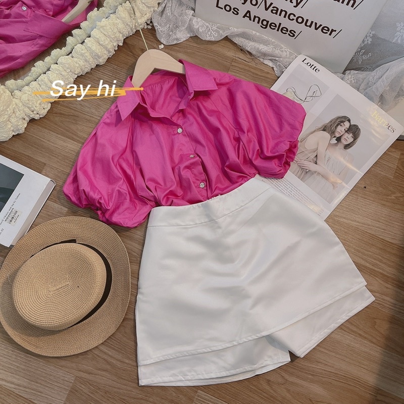 Set áo sơ mi hồng cánh sen tay bo  phồng ngắn kèm quần short giả váy trắng
