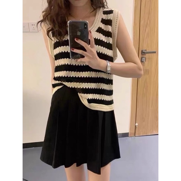 áo len lưới lỗ dệt kim sọc ngang hot hit tay ngắn &amp; không tay (bz1213#)