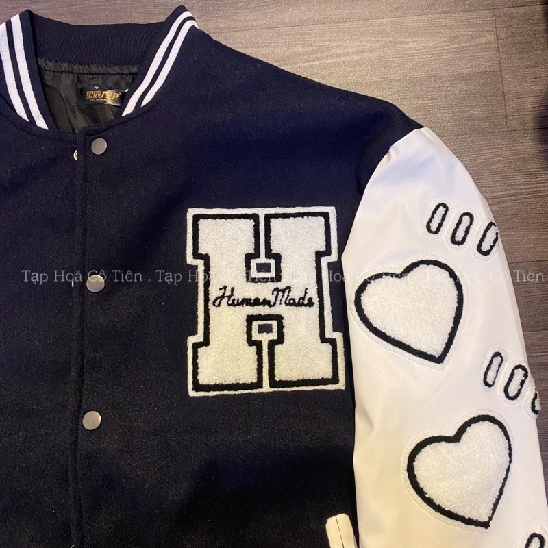 [ Ảnh thật ] Áo khoác Varsity Jaket Human hoạ tiết thêu xù - Bomber bóng chày xanh than nam nữ unisex