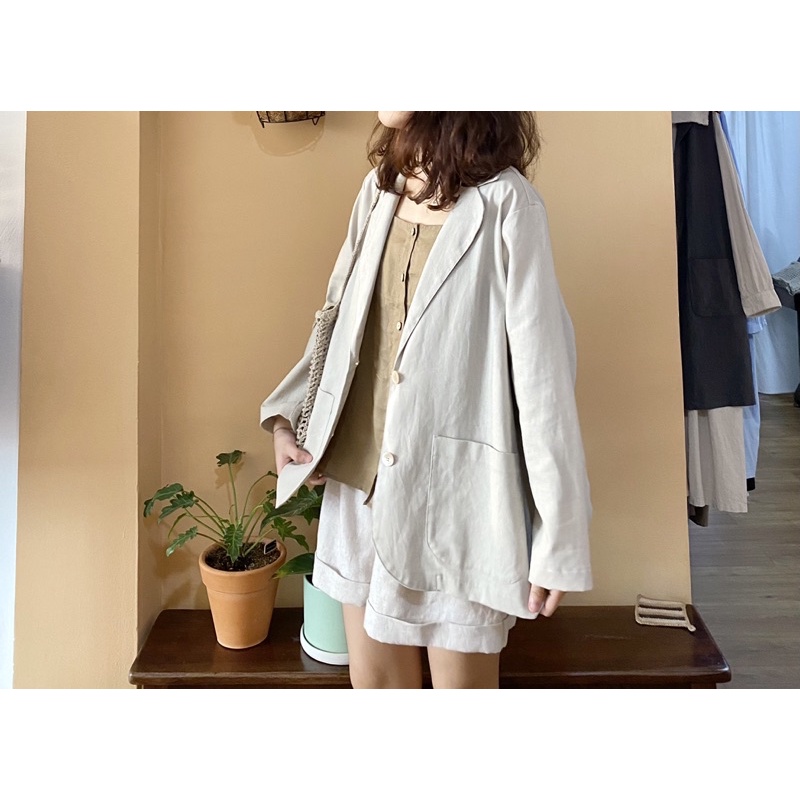 Blazer beige linen bột dày