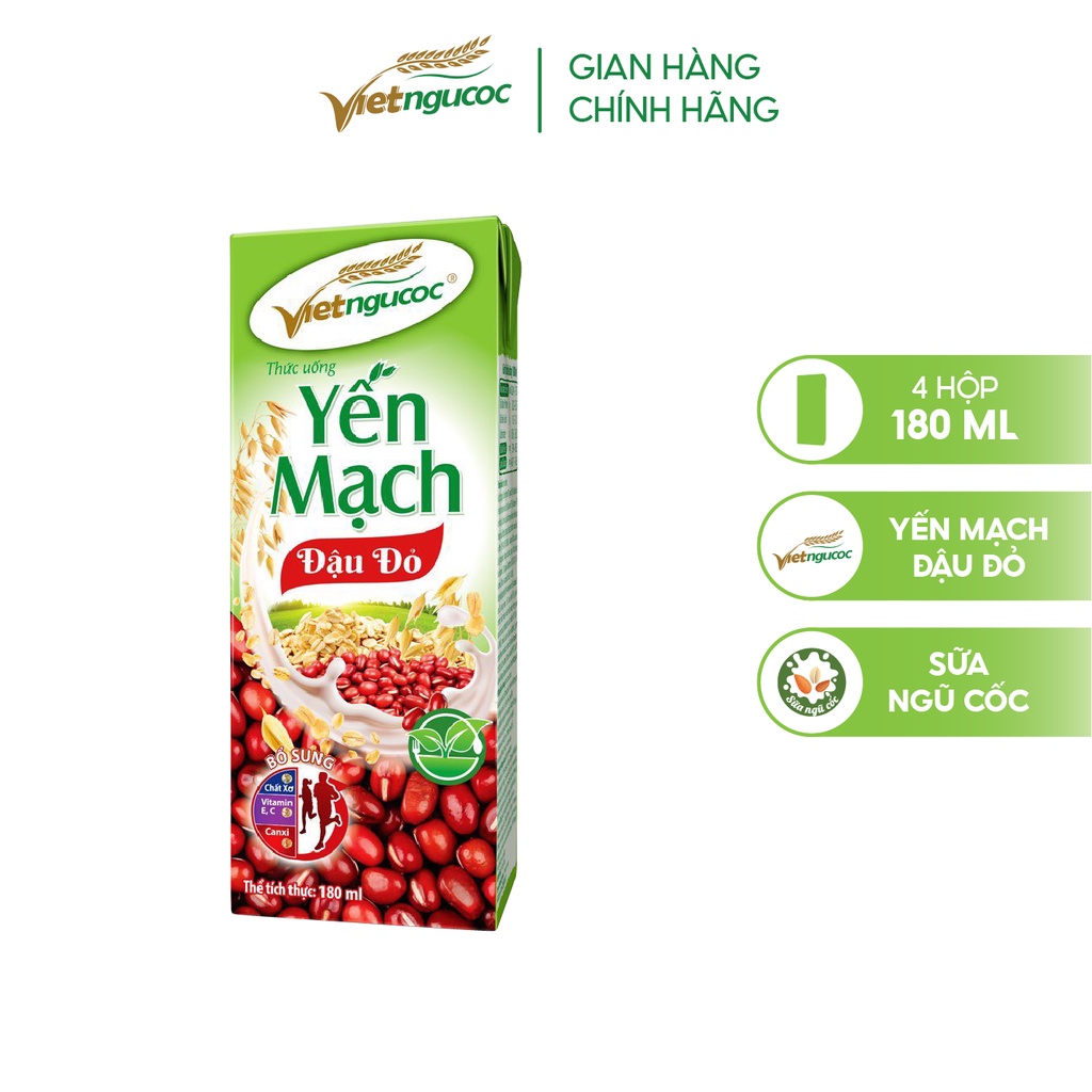 Sữa Yến mạch đậu đỏ Việt Ngũ Cốc lốc 4 hộp 180ml/hộp
