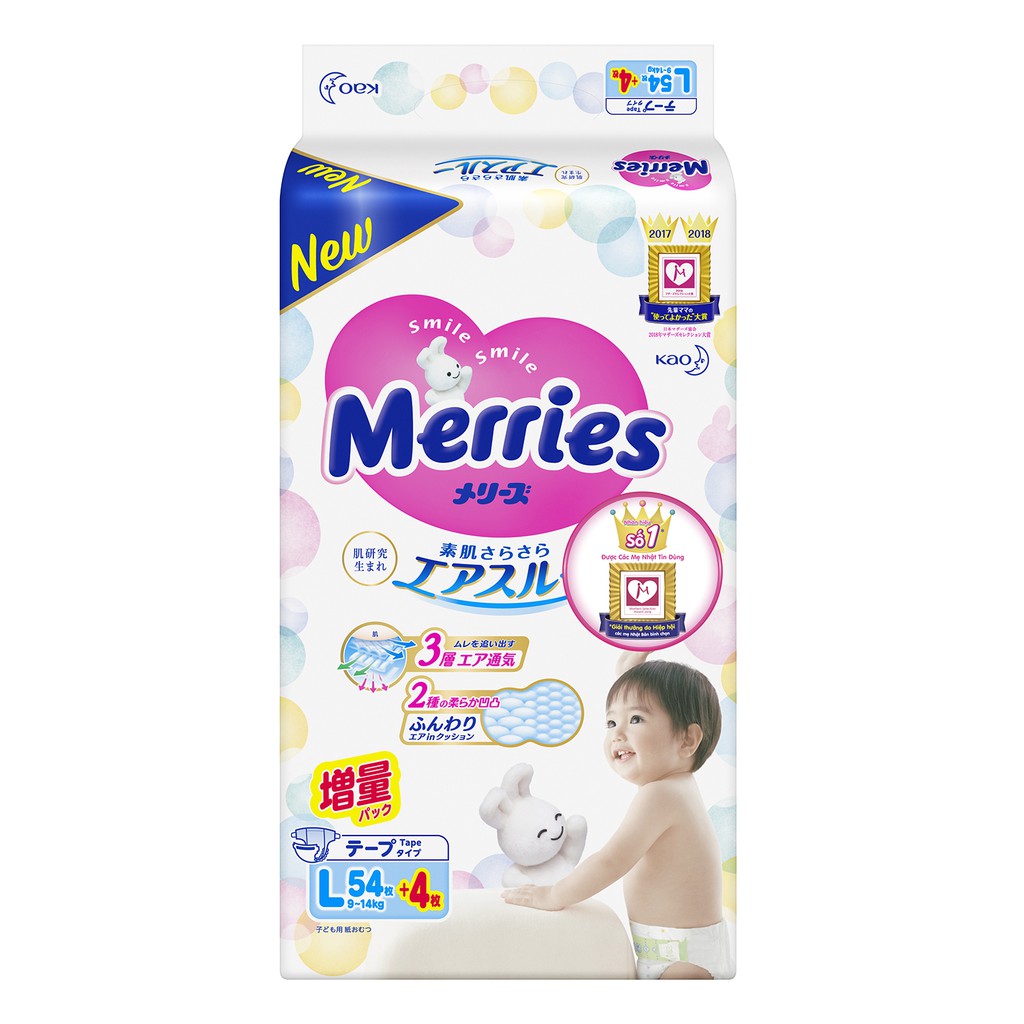 Bỉm - Tã quần Merries size L cộng miếng (44 + 6 miếng) (cho bé 9~14kg)