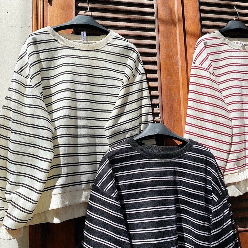 Áo TAY DÀI NINI SWEATER thiết kế sọc trẻ trung tay áo bo chun hàng nhập quảng châu cổ tròn