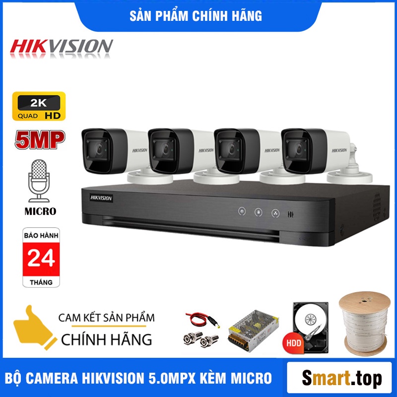 Bộ Camera giám sát Hikvision/ Hiviz Pro 5.0MP [2K] Siêu nét, Kèm HDD &amp; Đầy đủ phụ kiện lắp đặt - Hàng Chính Hãng