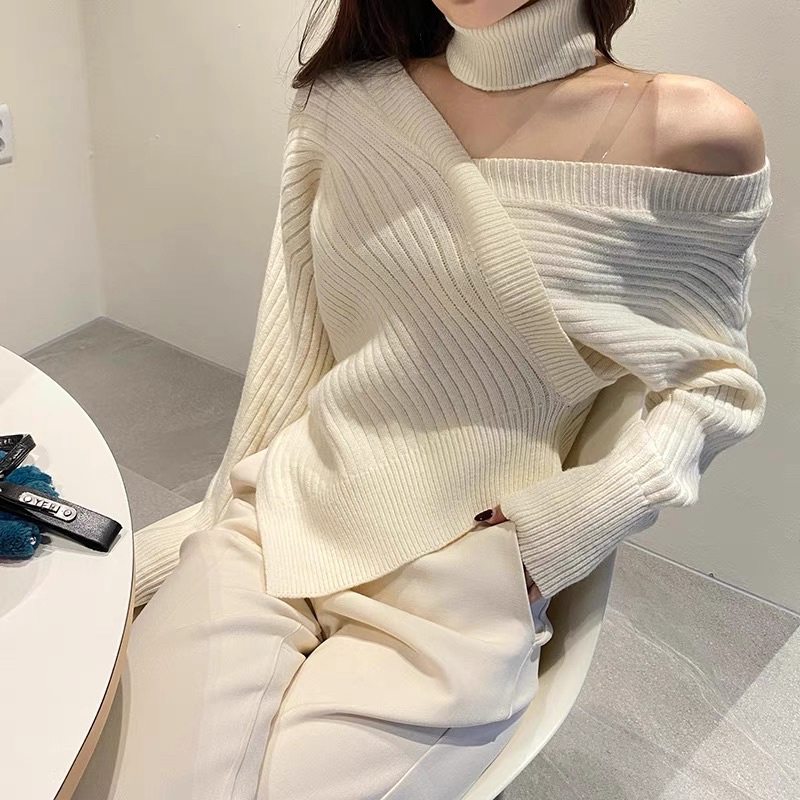 Áo len tay dài đắp chéo trễ vai kèm choker feedback thật