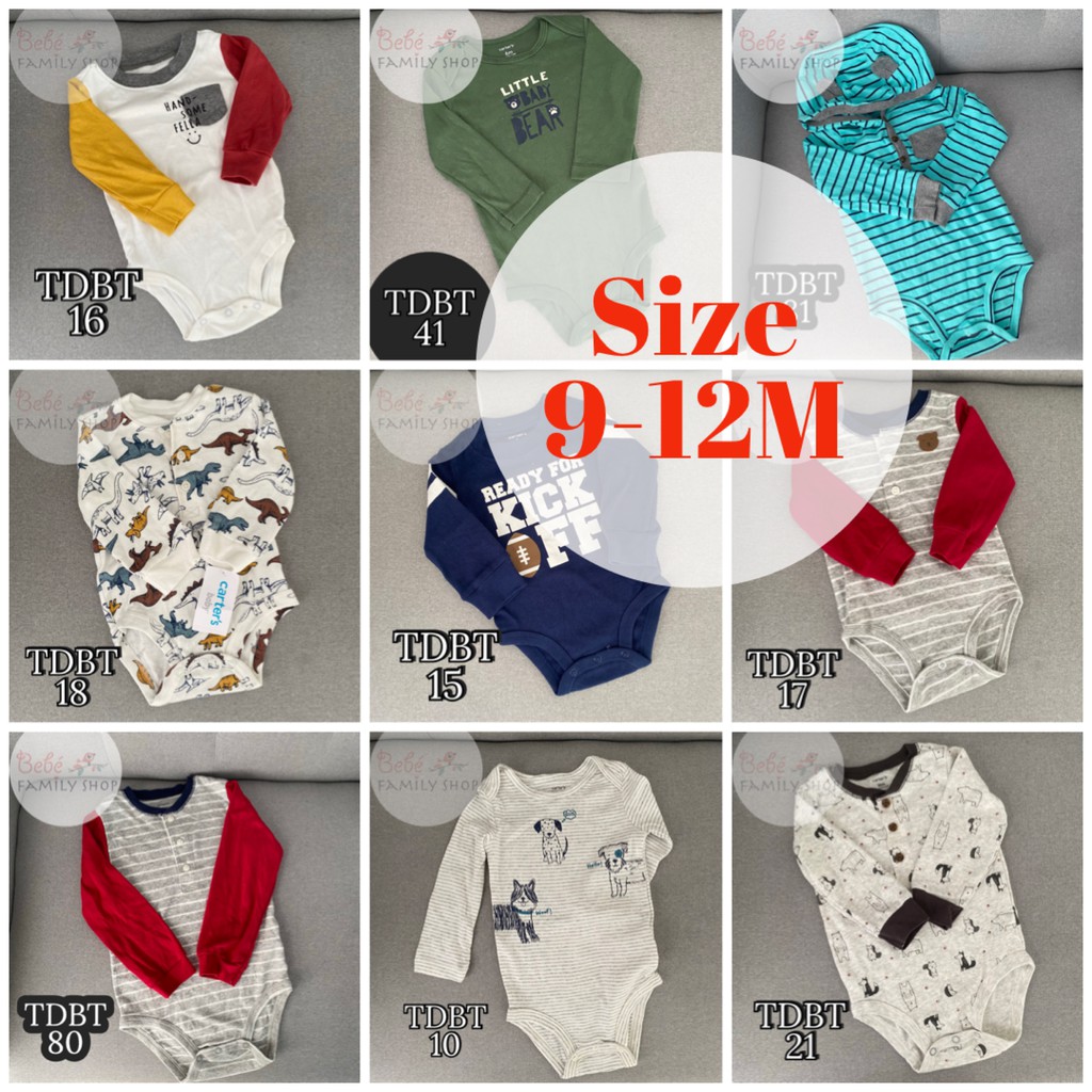 [SIZE 9-12M] Body chip tay dài bé trai Carters xuất dư