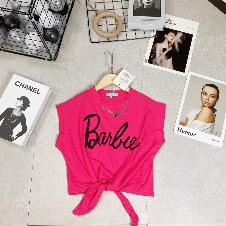 Áo Croptop nữ, áo croptop kiểu chất cotton mát dây buộc thiết kế trẻ trung cá tính in hình chữ Barbie