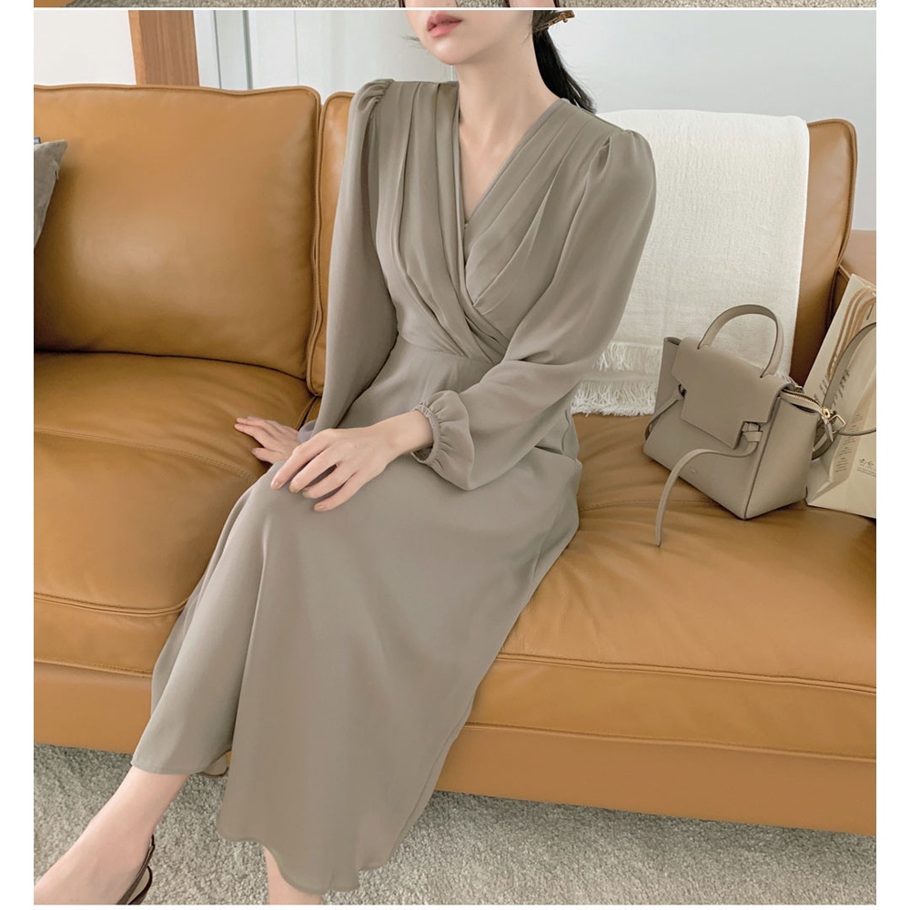 Đầm voan dài tay cổ chữ V phong cách mới 45582