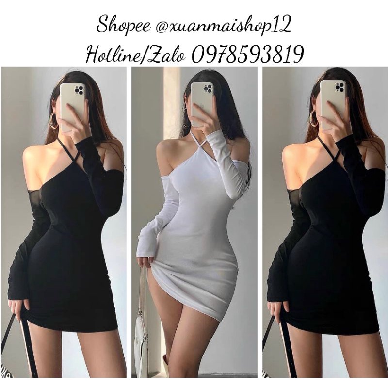 [FREESHIP] Đầm ngắn ôm body thun gân tay dày cổ yếm trễ vai hai màu trắng đen hot hit tóp tóp