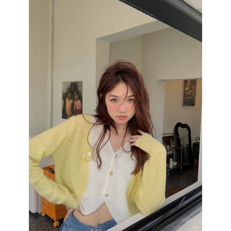 Áo cardigan Dệt Kim Họa Tiết Hoa Ba Chiều Màu Sắc Tương Phản Dành Cho Nữ