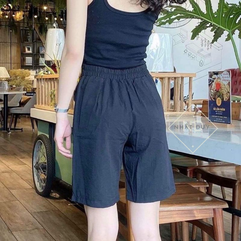 Quần đùi đũi nữ ống rộng cạp chun có túi khóa thật lưng cạp cao - Vải đũi màu Đen Trắng mặc nhà đi biển chạy bộ thể thao