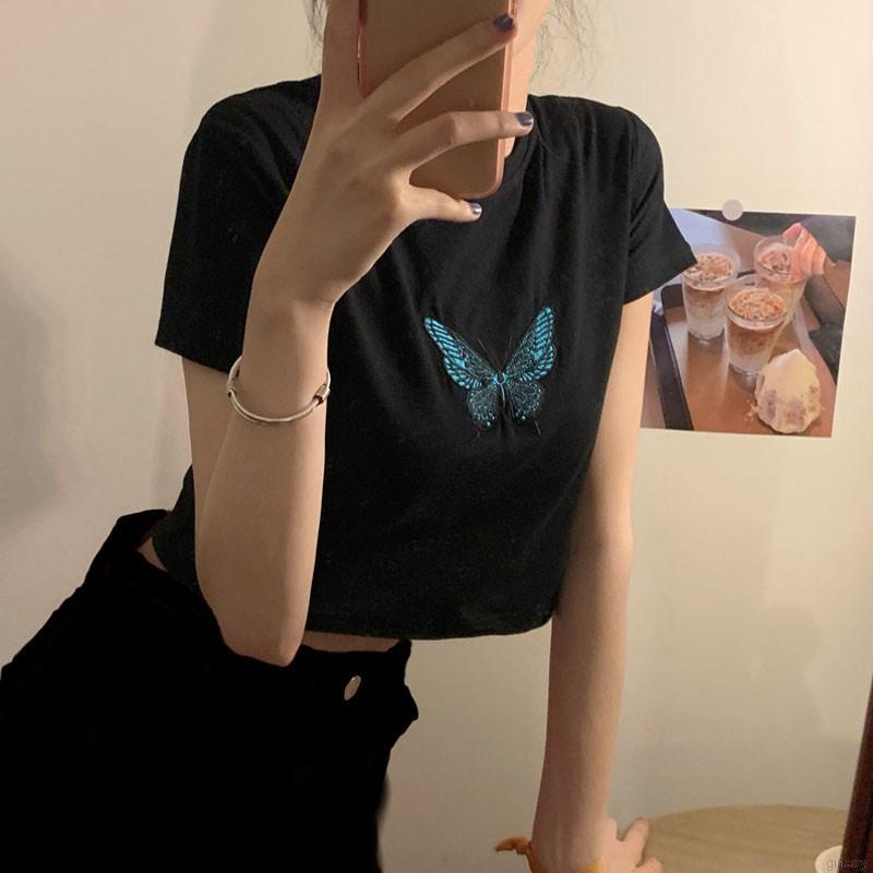 Áo Thun Tay Ngắn Thêu Hình Bướm Phong Cách Retro Hàn Quốc