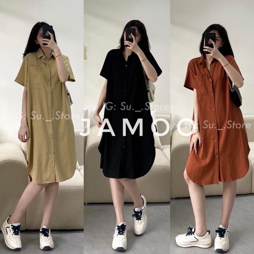 VÁY SƠMI TÚI NGỰC DÁNG SUÔNG BASIC 3 MÀU MỚI (hình thật shop chụp)
