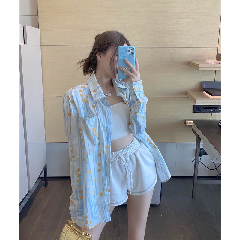 Áo Sơ Mi Tay Dài Dáng Rộng Họa Tiết Chấm Bi Thiết Kế Mới Phong Cách Hàn Quốc