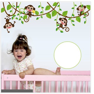 Hình dán tường Khỉ con đu dây trang trí phòng cho bé - decal có keo sẵn dễ dàng bóc dán tại nhà