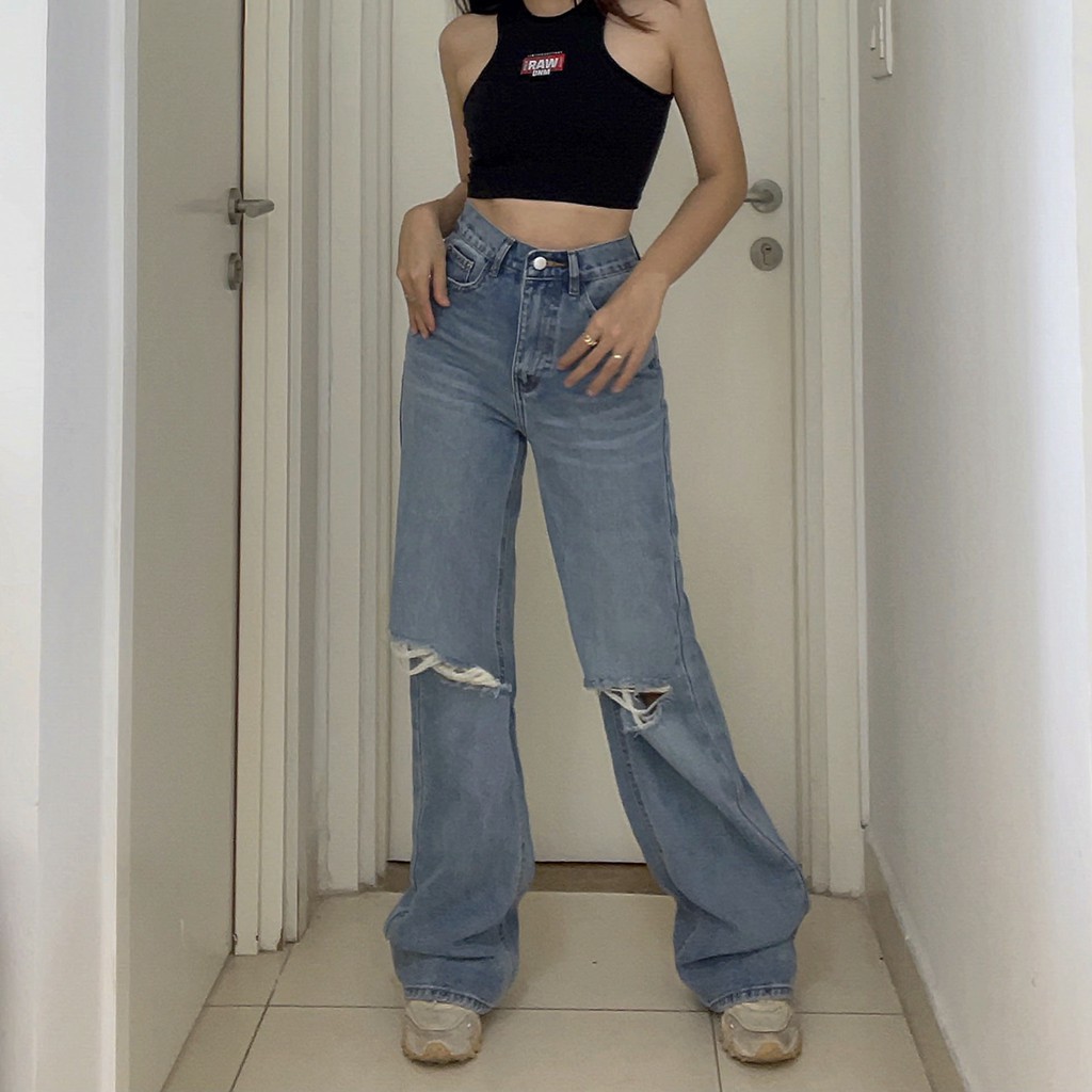 TATICHU - Quần jean suông, ống rộng, rách gối - Knee Rip Blue Jeans