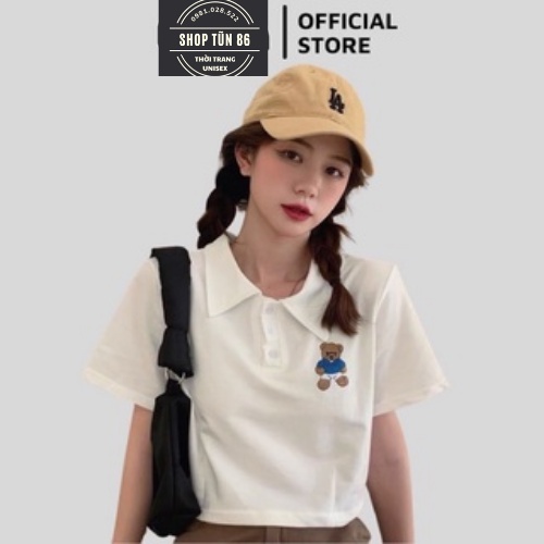 Áo croptop cộc tay dưới 55kg cocastore - Áo polo thêu hình con gấu