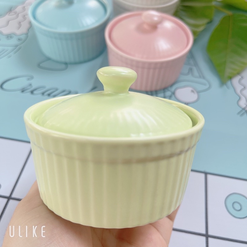 Bát chén hũ gốm sứ ramenkin có nắp đậy Nướng Hấp Bánh Flan Caramen Chưng Yến Cho bé ăn dặm hình nồi tròn rankim đựng sốt