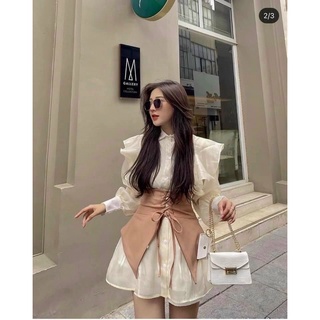 Đầm sơ mi voan cổ bèo đan dây eo 2m