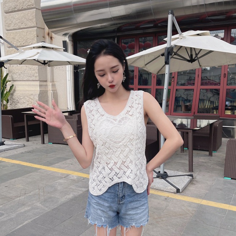 Brroa Áo Ba Lỗ Dệt Kim Dáng Rộng Khoét Rỗng Màu Trơn Hình Trái Tim Mùa Hè Cho Nữ