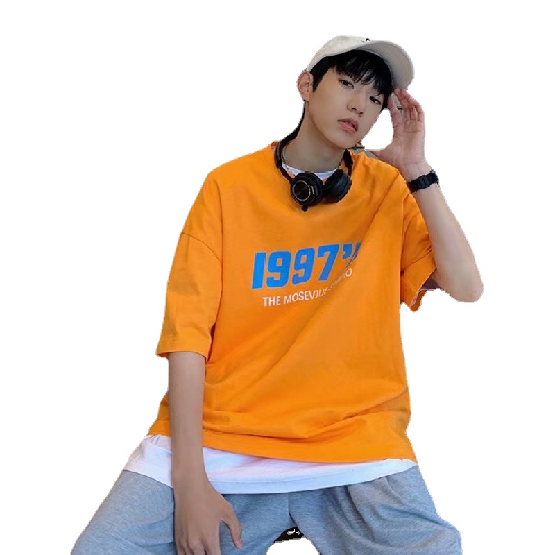 Áo thun tay ngắn dáng rộng in chữ phong cách Nhật Bản thời trang cho nam size M-5XL 1997