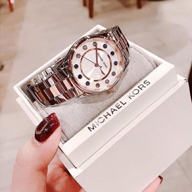 Đồng hồ Nữ MICHAEL KORS MK6605 COLETTE Jeweled Hour Markers & Silver - Rose Gold Stainless Steel Bracelet Watch 34mm