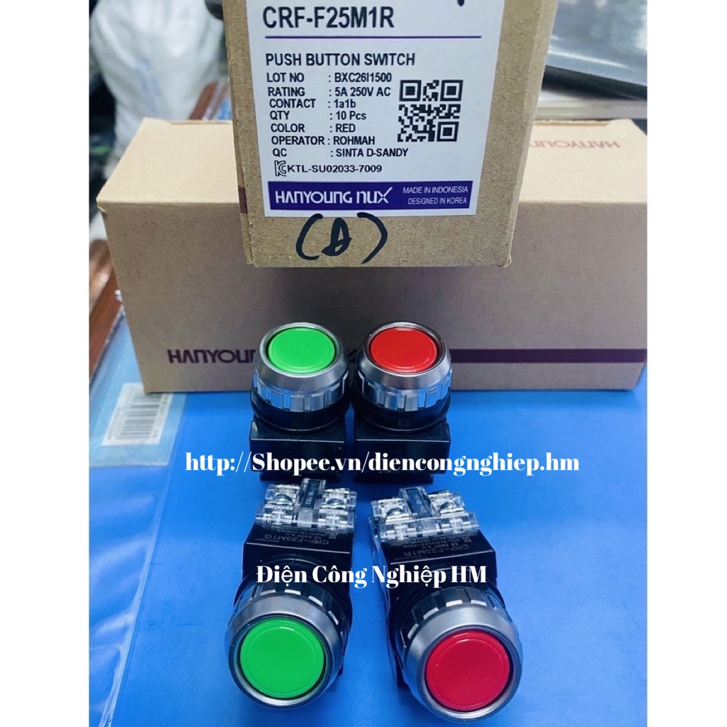 Nút Ấn Nhấn Nhả Phi 25 HANYOUNG không đèn xanh/đỏ - CHÍNH HÃNG, CRF-F25M1R, CRF-F25M1G