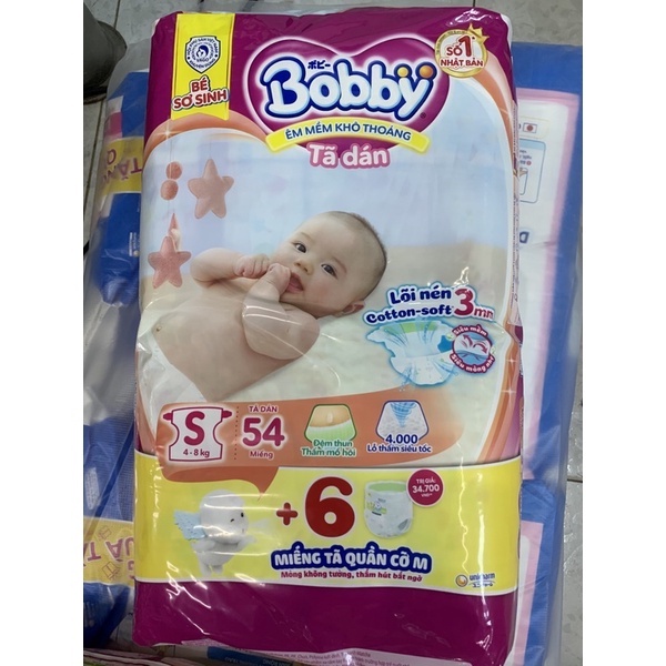 Tã dán trẻ em Bobby siêu thấm size S gói 56 và 80 miếng