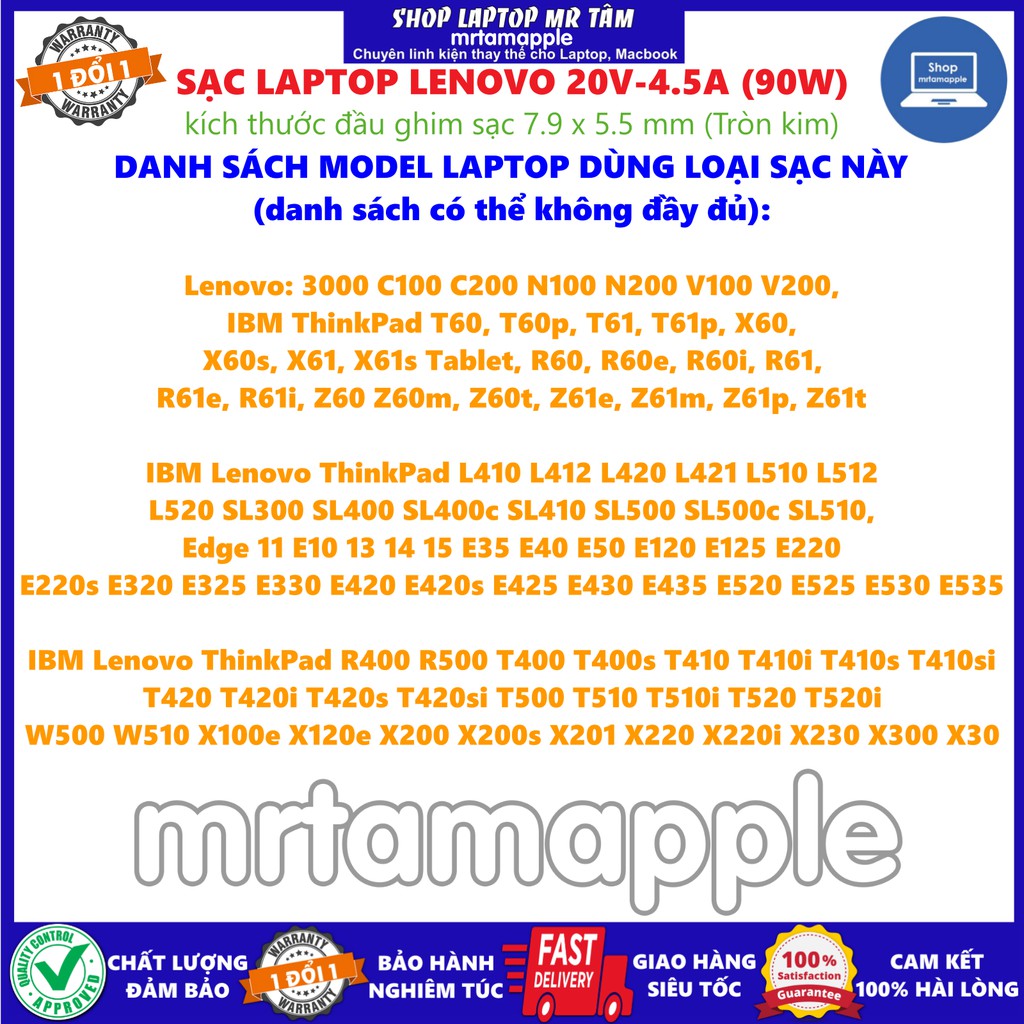 (ADAPTER) SẠC LAPTOP LENOVO 20V 4.5A (90W) (Tròn Kim)  kích thước đầu ghim sạc 7.9 x 5.5 mm